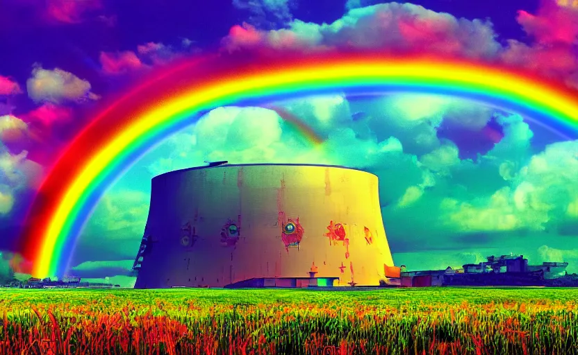 Image similar to artwork of an exploding nuclear reactor with all the colors of the rainbow, sunny sky, green fields, digital art, masterpiece, 4k