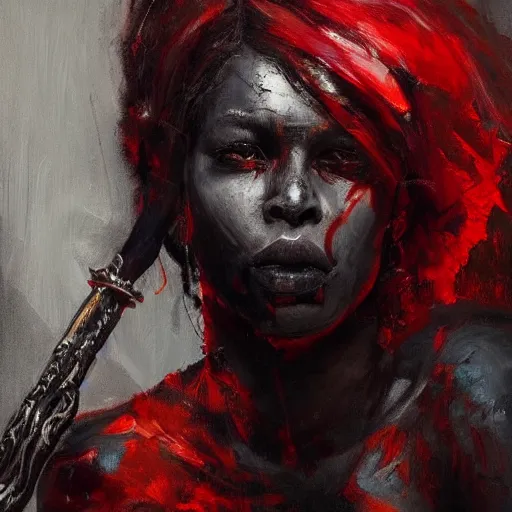 Prompt: portrait of the god of death, beautiful female face, angelic, black woman, dark, blood, by jeremy mann, by lucian freud, oil painting, god rays, female warrior, warrior face painting red, wings, holding a weapon, intricate, highly detailed, trending on artstation, award winning, cinematic