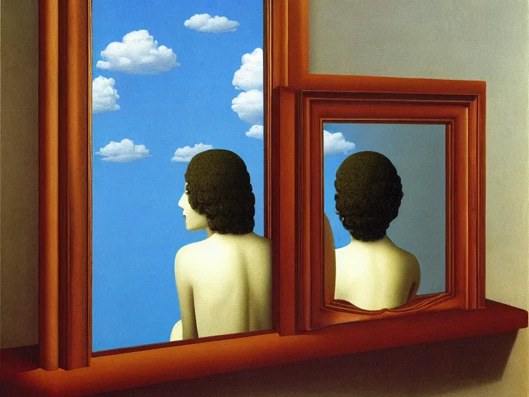 Image similar to mirrors, painting by rene magritte, high detail, high resolution