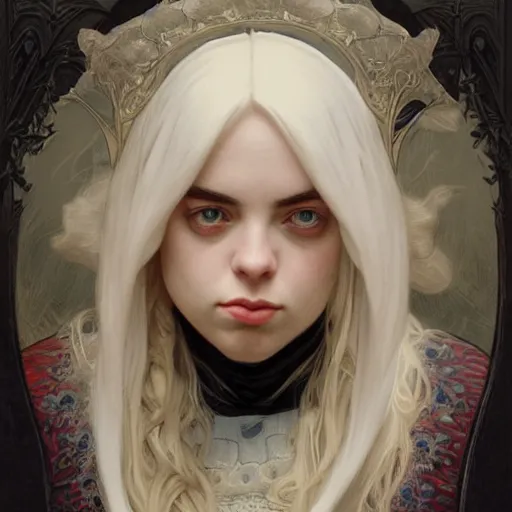 Image similar to Portrait of Billie Eilish in victorian london, elegant, highly detailed, fantasy, art by artgerm and greg rutkowski and alphonse mucha and Wayne Barlowe and william-adolphe bouguereau, smooth, sharp focus, octane render