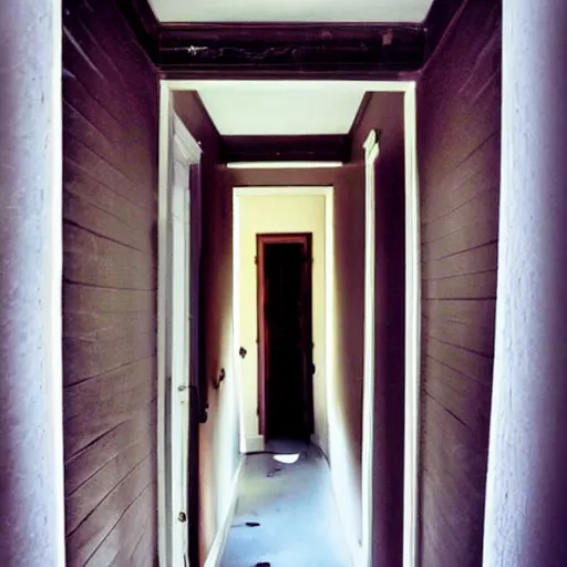 Image similar to very long hallway in a house, very creepy, dim lights, door at the end