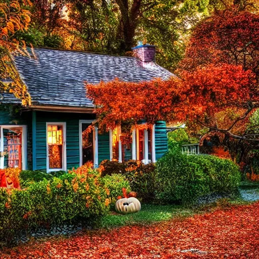 Image similar to Charming Halloween Cottage with Autumn Leaves Flowers and vines growing up the side at dusk magical lighting lightning bugs HDR