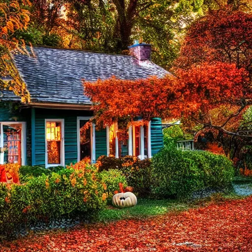 Prompt: Charming Halloween Cottage with Autumn Leaves Flowers and vines growing up the side at dusk magical lighting lightning bugs HDR