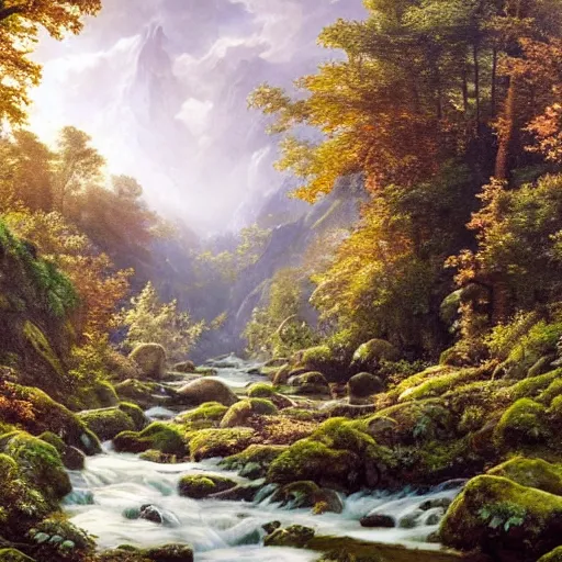 Image similar to A beautiful mixed media art of a serene and picturesque forest scene. The leaves are all different shades of green, and the sunlight is shining through the trees. There is a small stream running through the forest, and the whole scene is surrounded by mountains. avant garde, 3d render by J.C. Leyendecker rhythmic