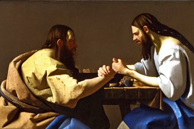 Image similar to an epic oil painting of God arm wrestling against Jesus Christ, painted by Johannes Vermeer