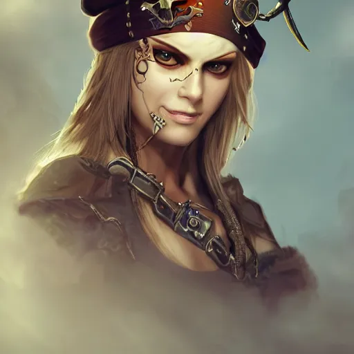 Image similar to Pirate Queen wearing an eye patch, close-up, highly detailed, high quality, fantasy concept art, soft lighting, photorealistic,