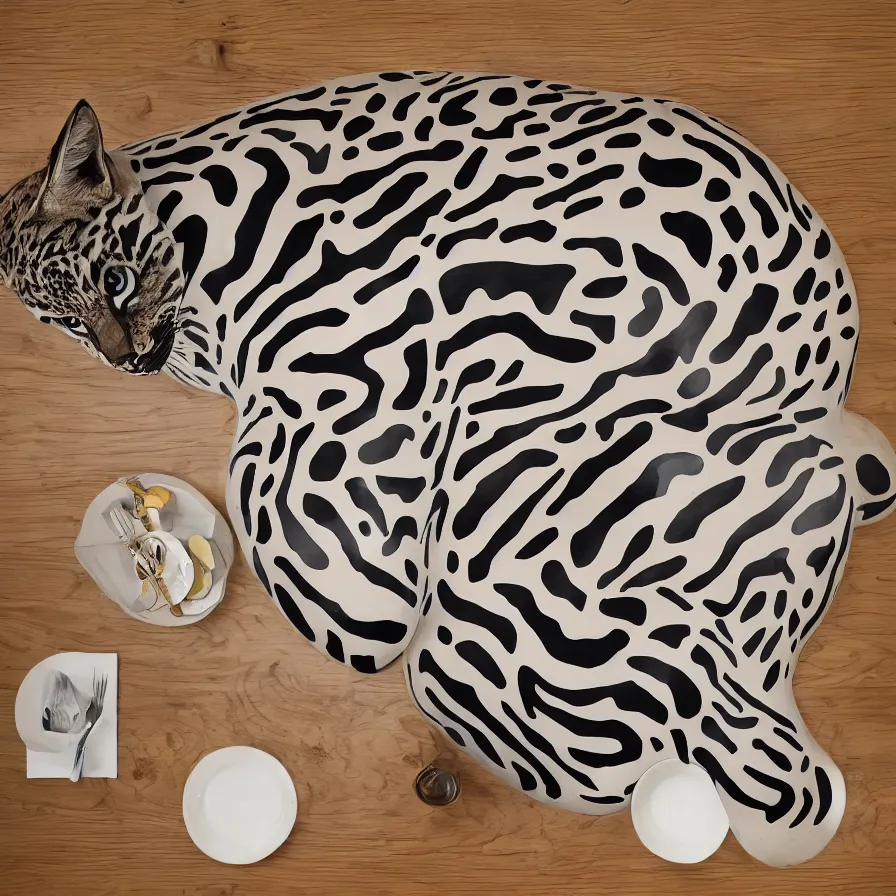 Image similar to beautiful gallery show studio photograph of a giant realistic curvy ceramic sculpture of a hungry bobcat!!!!!, glazed by bridget riley and victor vasarely, placed on a polished wooden table, colorful hyperrealism 8 k trending on artstation