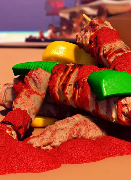 Image similar to kebab in batter on the beach with red water and green sand, ultra detailed, trending on artstation, concept art, octane render, unreal engine,