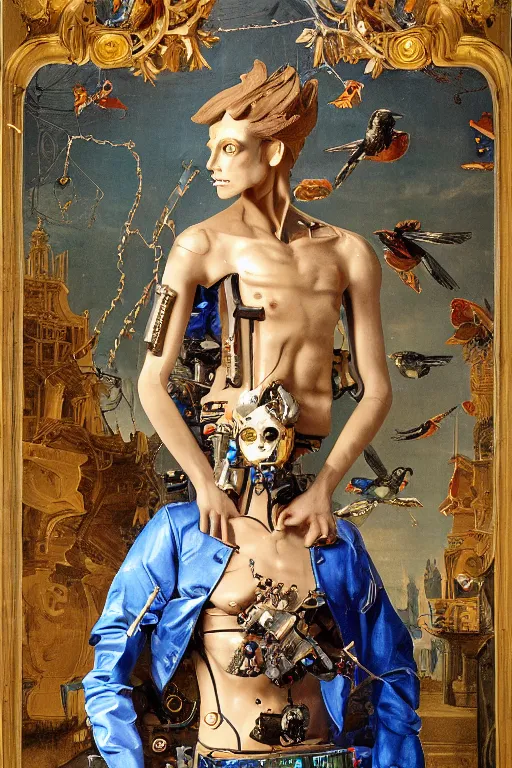 Image similar to full-body cyberpunk style sculpture of a young handsome Spanish prince half android with a chest opening exposing circuitry and a sparking motherboard, glowing blue eyes, crown of peach roses, flowing teal-colored silk, fabric, flowers. baroque elements, human skull. full-length view. baroque element. intricate artwork by caravaggio. many many birds birds on background. Trending on artstation, octane render, cinematic lighting from the right, hyper realism, octane render, 8k, depth of field, 3D