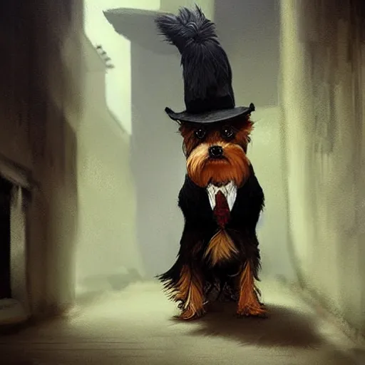 Image similar to detective yorkshire terrier wearing a fedora, in a dark alley, Greg Rutkowski, art station