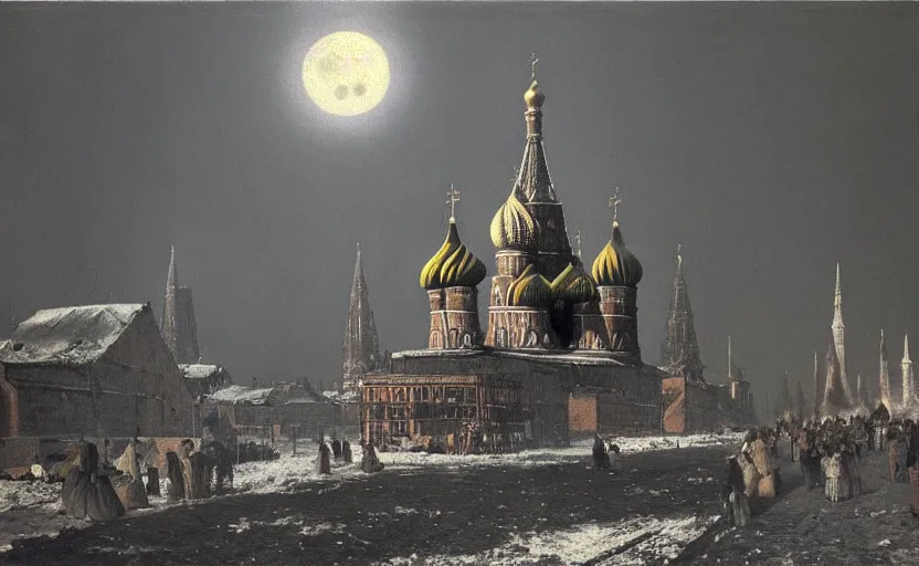 Image similar to a picture in high contrast by vasily vereshchagin of burning!!! st. basil's cathedral ( in smoke ) and ashes by the village, full moon in clouds!, visual art, 8 k resolution, 3 d modelling, hard lighting, masterpiece, vray