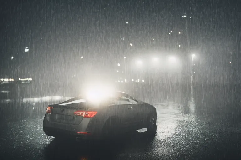 Prompt: Photo of a man sitting on the car roof in the heavy rain at the city that sank , outdoor lighting, dynamic lighting, volumetric, wide angle, anamorphic lens, go pro, 4k