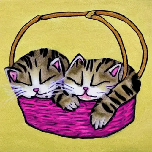 Prompt: two kittens sleeping in a basket, puffy paint, warm color palette, happy