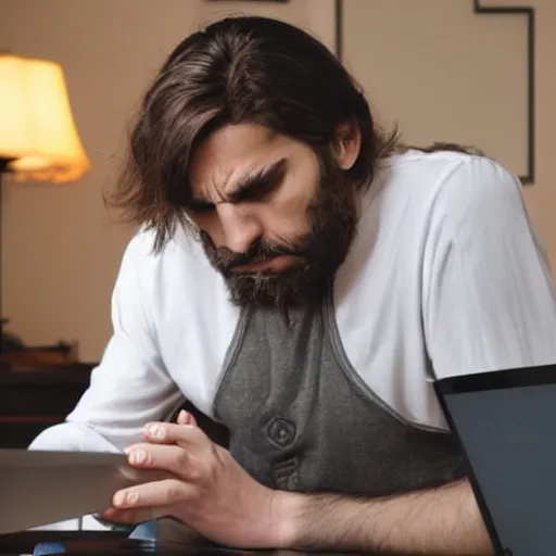 Prompt: frustrated Jesus sitting at his computer shocked at what he just read