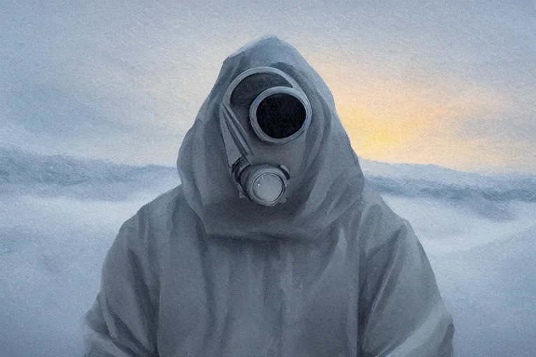 Prompt: ryan church jon mccoy concept art mood painting man wearing grey hazmat suit gas mask sitting against concreate wall snow covered field watching the beautiful winter sunrise