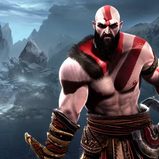 Image similar to in - game screenshot of kratos from god of war in the video game league of legends