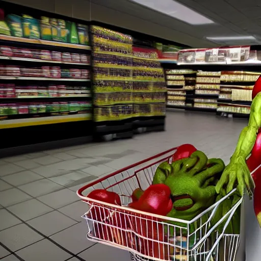 Image similar to mid shot of an realistic alien dressed by emidio tucci buying groceries at the store, shot by amanda carlson and alex strelkovv, professional photo, masterpiece, very detailed, hyper - realistic, unreal engine, straight face, cinematic, 4 k