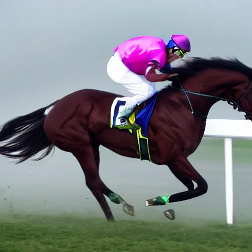 Prompt: close - up front view of a racing thoroughbred stallion ( with jockey in colorful outfit ) galloping extremely hard and emerging headfirst out of very dense ground fog to win a race at the track.