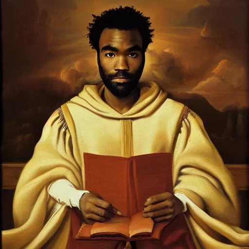Prompt: Renaissance oil portrait of Childish Gambino / Donald Glover as a scholar, high-quality realistic oil painting with detailed strokes, Childish Gambino / Donald Glover as a robed Renaissance scholar