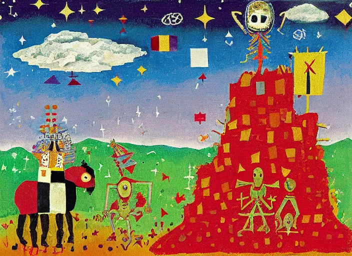 Image similar to pixel decollage painting tarot lovers card composition tower of babel road red armor maggot bear and wonky alien frog skeleton knight on a horse in a dark red cloudy night sky with golden foil jewish stars and diamonds, mountain lake and blossoming field in background, painted by Mark Rothko, Helen Frankenthaler, Danny Fox and Hilma af Klint, pixelated, neo expressionism, semi naive, pastel colors, cinematic, color field painting, cave painting, voxel, pop art look, outsider art, minimalistic. Bill Traylor painting, part by Philip Guston, Amano and Francis Bacon. art by Adrian Ghenie, very coherent symmetrical artwork, cinematic, hyper realism, high detail, octane render, unreal engine, Smooth gradients, depth of field, full body character drawing, extremely detailed, 8k, extreme detail, intricate detail, masterpiece