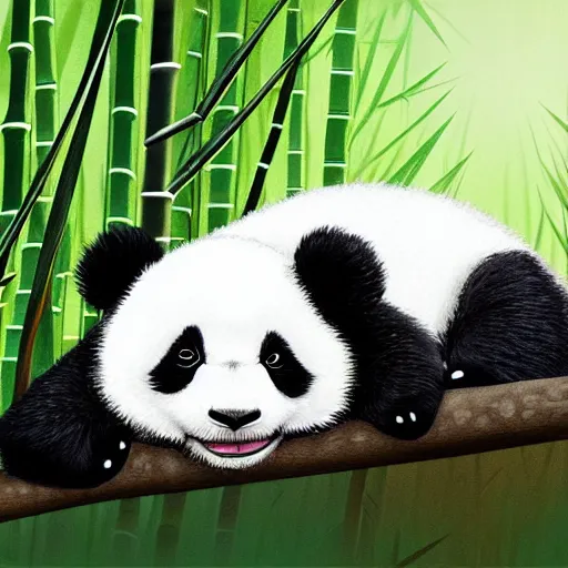 Prompt: A baby panda sleeping in a bamboo forest by studio ghibli, highly detailed body, peaceful atmosphere , digital art , highly detailed , high contrast, beautiful lighting, award winning , trending on art station, photorealistic, 8k