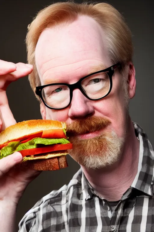 Image similar to 📷 portrait of adam savage with a sandwich head, food face, still image, high resolution, 4 k