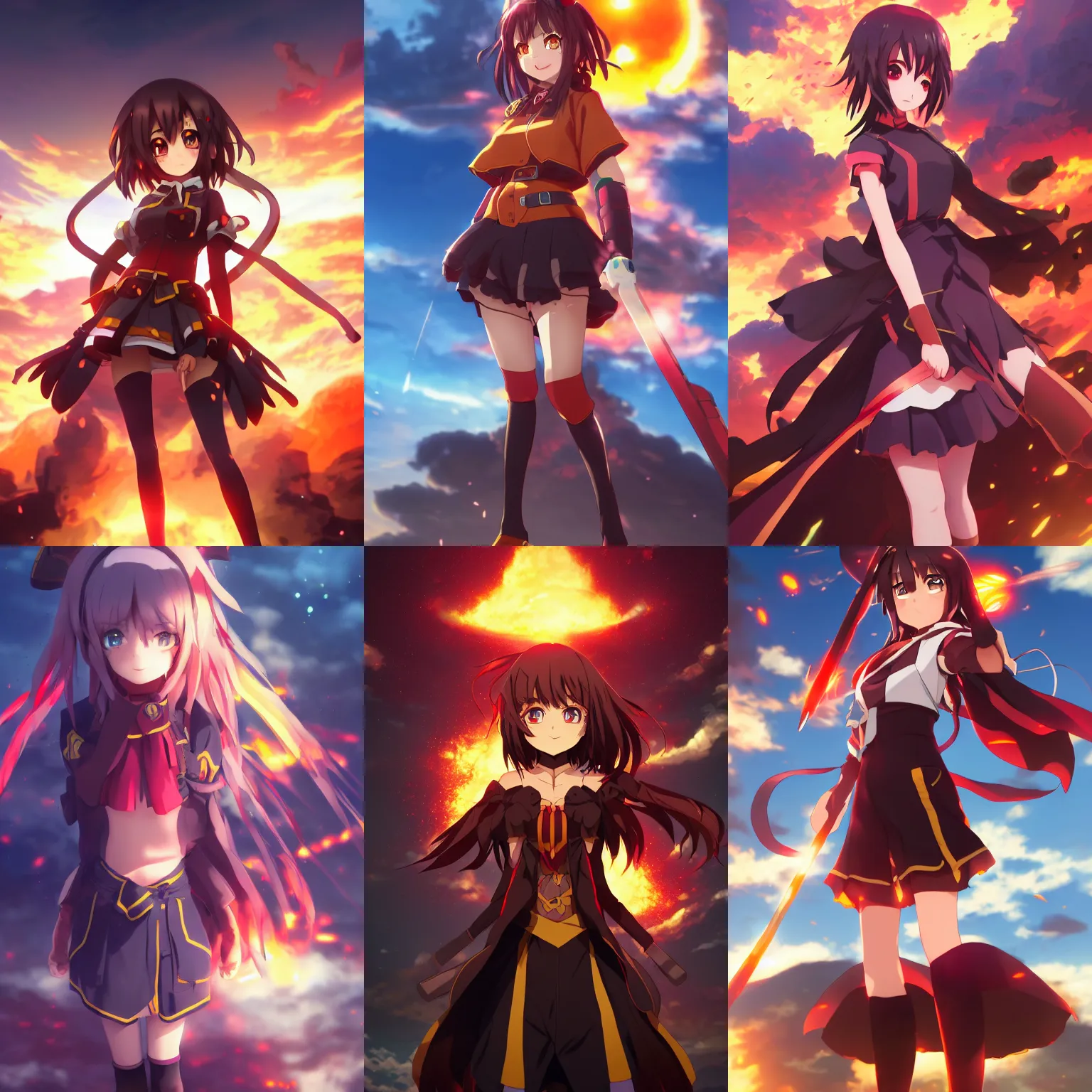 Prompt: megumin standing in front of a nuclear explosion, character art portrait, anime key visual, official media, illustrated by wlop, extremely detailed, 8 k, trending on artstation, cinematic lighting, beautiful,