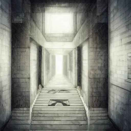 Image similar to “the inside of a huge white building with with many doors and stairs, confusing, clean geometric shapes, creepy, doors, strange dimensions, anime style, detailed background, horror anime”