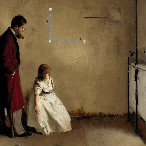 Image similar to a young man and a young woman solving an escape room puzzle, mysterious markings on the wall, by alfred stevens