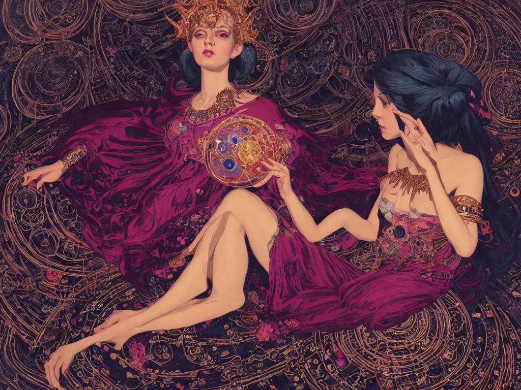 Image similar to high angle picture of a maximalist dress witch sitting on the floor and researching about the azathoth, extremely beautiful and aesthetic and detailed cute face, very huge magic circles on the hand, with familiar sprites, in the magic room, chiaroscuro, intricate, masterpiece, fantasy illustrations by ilya kuvshinov and jeremy lipking and quentin mabille