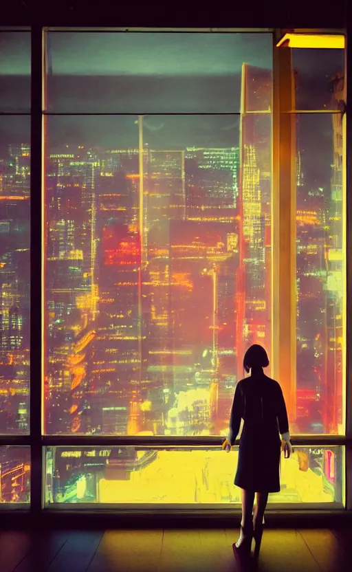 Prompt: vertical movie frame, girl in 7 0's retro restaurant, editorial, fashion, neon - decorated urban on night in the city seen through the window, modern architecture design, vintage, night, blade runner, dark, clean lines, asian futuristic city at distance, big windows, octane, wide angle