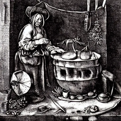 Image similar to a witch adding ingredients to her cauldron, engraving by albrecht durer