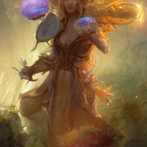 Image similar to lisa kudrow, mushroom kingdom, fantasy character portrait, concept art, sorceress, magical aura, bright, interesting angle, intricate details, highly detailed by greg rutkowski, gaston bussiere, simon bisley