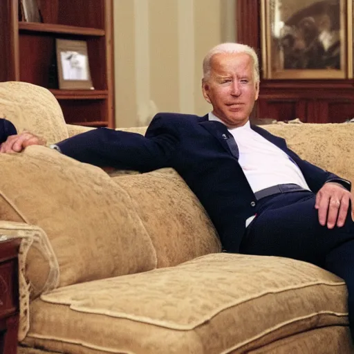 Prompt: Joe Biden fat and out of shape lying on the couch watching tv