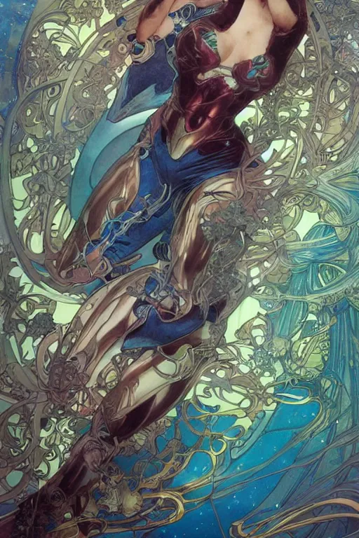 Image similar to swimming through time, by artgerm and yoshitaka amano and moebius and alphonse mucha, hyperdetailed, dc comics, ornate, nebula, explosions in the sky, trending on artstation