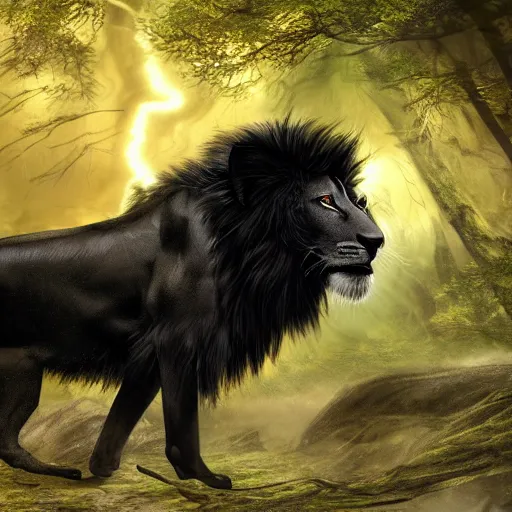 Image similar to photography of a black lion with gold lightnings in the fur in the middle of the ancient forest , concept art, huge scale, photorealistic, high details by Nick Nichols