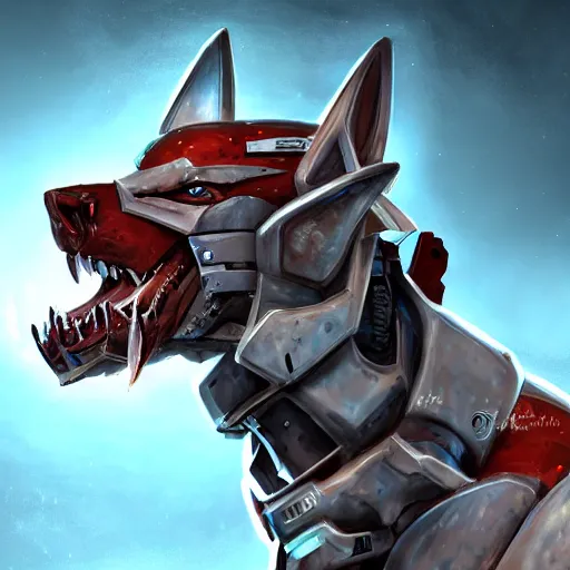 Image similar to cinematic shot, vorestation borg hound, medical mecha canine, taller than man, sharp armor, detailed maw, mawshot, visor eyes, detailed, furry art, digital art, furaffinity, deviantart, sofurry