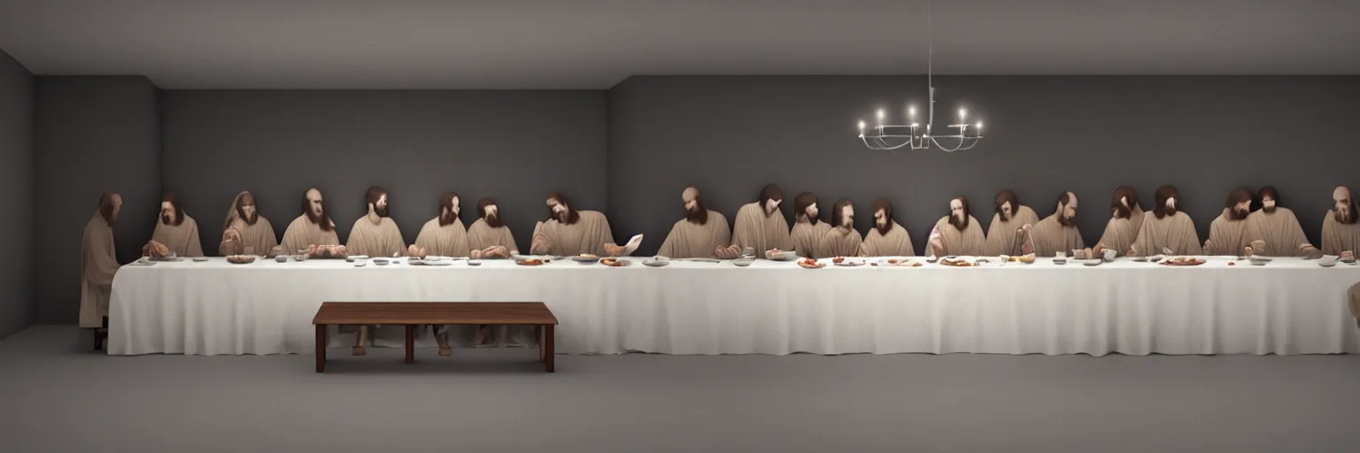 Prompt: hyper realistic photo of the last supper with an empty table, octane render
