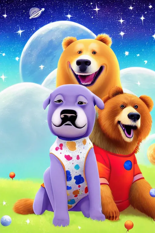 Prompt: a beautiful dog in pajamas and a bear, next to them a ship in the form of a space rocket in the background a galaxy full of stars, a planet full of holes, magic world. colorful, fantasy, pixar, children's book cover, high detail illustration, sharp high detail, manga and anime