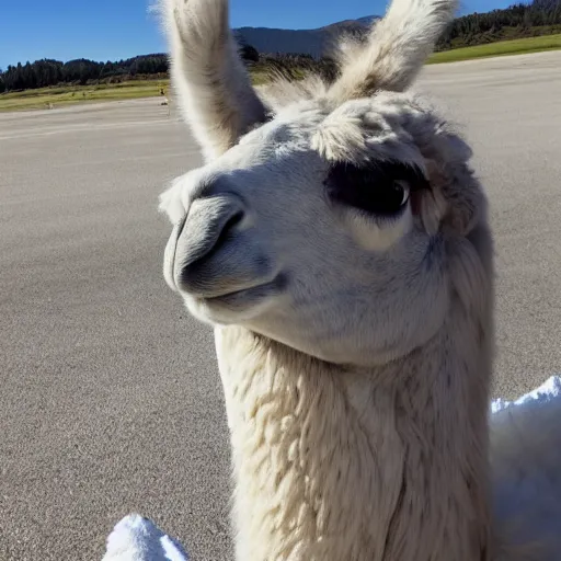 Prompt: llama sitting on a plane wing