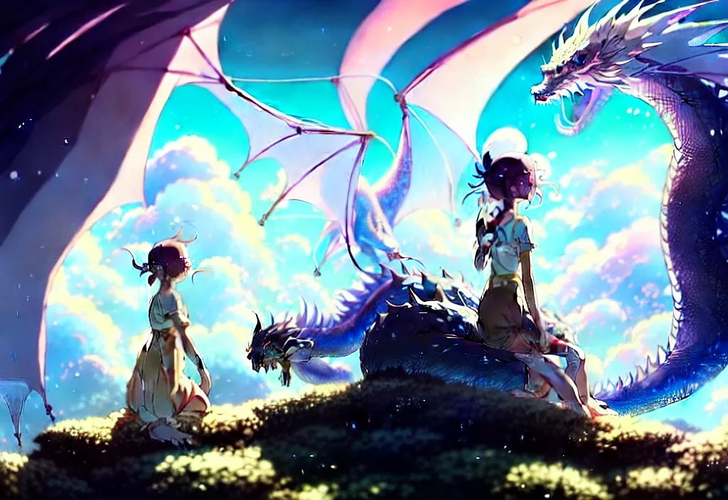 Image similar to the beautiful hyper detailed scene render that a lonely single beautiful girl lies in the arms of a huge silver dragon alone in the fairyland surrounded by white clouds, in the style of makoto shinkai victo ngai and peter mohrbacher studio ghibli artgerm karol bak beeple, cinematic, absolutely beautiful, ultra wide angle, animation style, 8 k hd