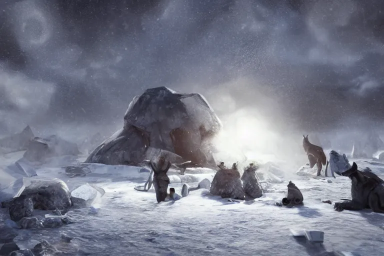 Prompt: the most amazing dream you ever had about black african hunters at arctic near an igloo, hyper realistic, ambient lighting, concept art, intricate, hyper detailed, smooth, dynamic volumetric lighting, octane, cinematic