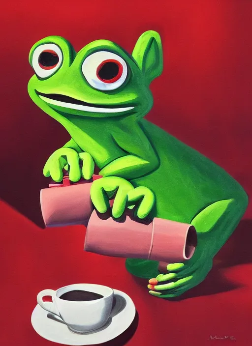 Prompt: clown pepe the frog drinking coffee, jungle, global illumination, oil paint, depth