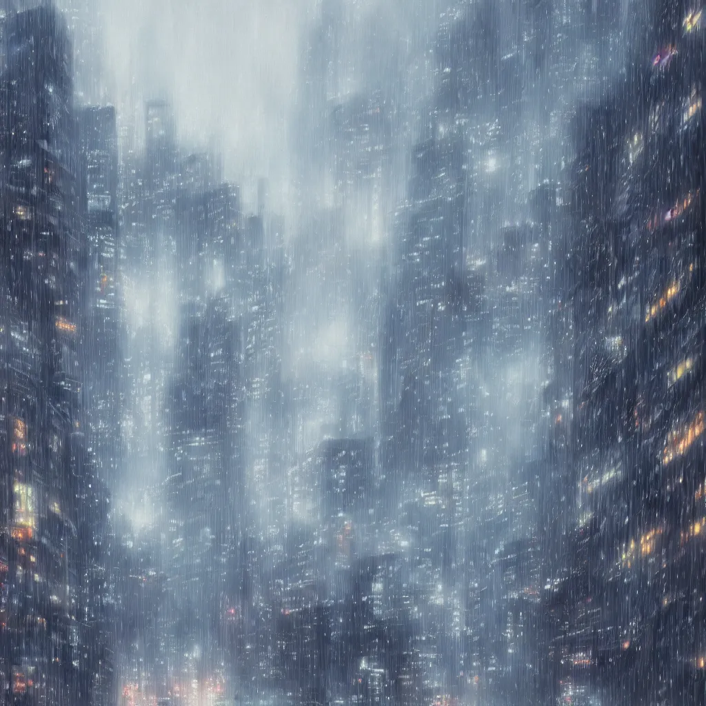 Prompt: beautiful raining anime cityscape by makoto shinkai, tall buildings and grey fog, trending on pixiv