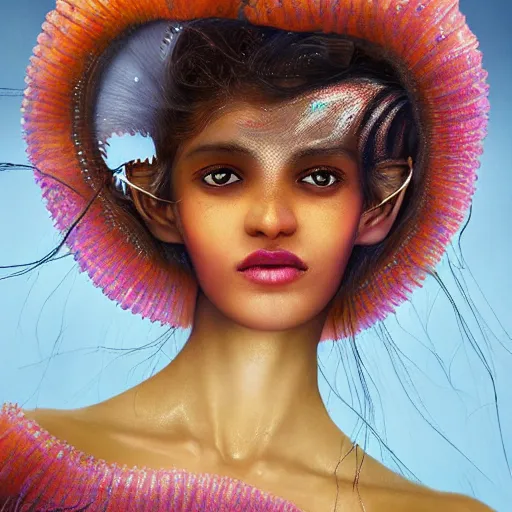 Prompt: a close - up shot of a brown woman wearing a luminous armor made of neon jelly fishes. extremely soft lighting. fragile. jellyfish head!! haunting eyes!! coherent face!! no makeup!! muted colors. by ray caesar. by louise dahl - wolfe. by andrea kowch. surreal photography