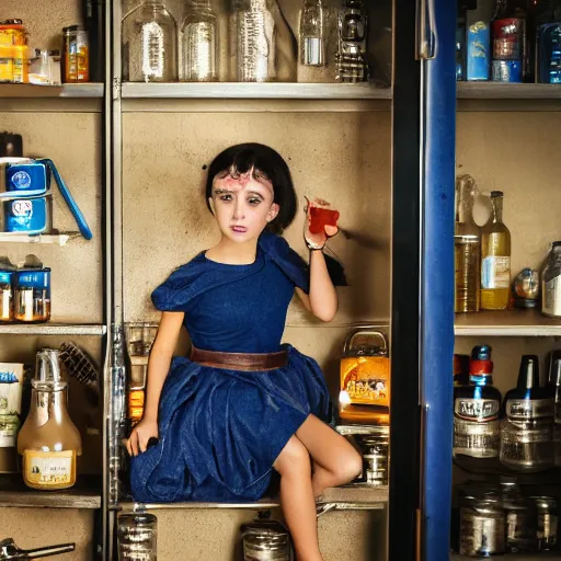 Image similar to a little blue-skinned girl with messy black hair sharp pointed ears freckles along the ridges of her cheeks in a pantry drinking from a leather flask, blue skinned dnd triton, high resolution film still, 4k, HDR colors