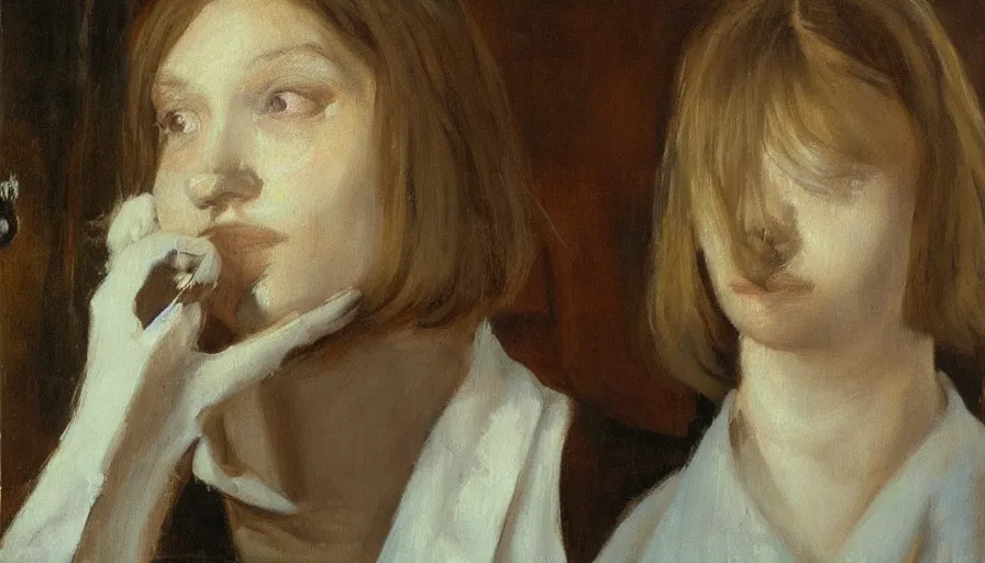 Prompt: painting by borremans, young woman in front of the mirror, detailed, stunning