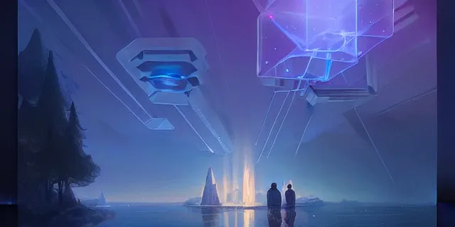 Image similar to beautiful glowing cubes all interconnected to each other with tubes, atmospheric lighting, intricate, volumetric lighting, beautiful, sharp focus, ultra detailed, in the art style of bowater, charlie, brom, gerald, lake baikal in the background, astrophotography