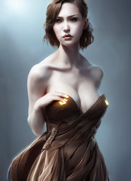 Image similar to beautiful fashion goddness, strapless dress, character portrait in the style of thomas river and artgerm, wlop, cinematic lighting, hyperdetailed, 8 k realistic, symmetrical, global illumination, radiant light, halo, love and mercy, frostbite 3 engine, cryengine, dof, trending on artstation, digital art, chanel