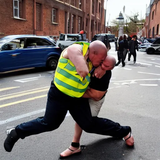 Prompt: a man wrestling a traffic warden to avoid getting a parking ticket head lock